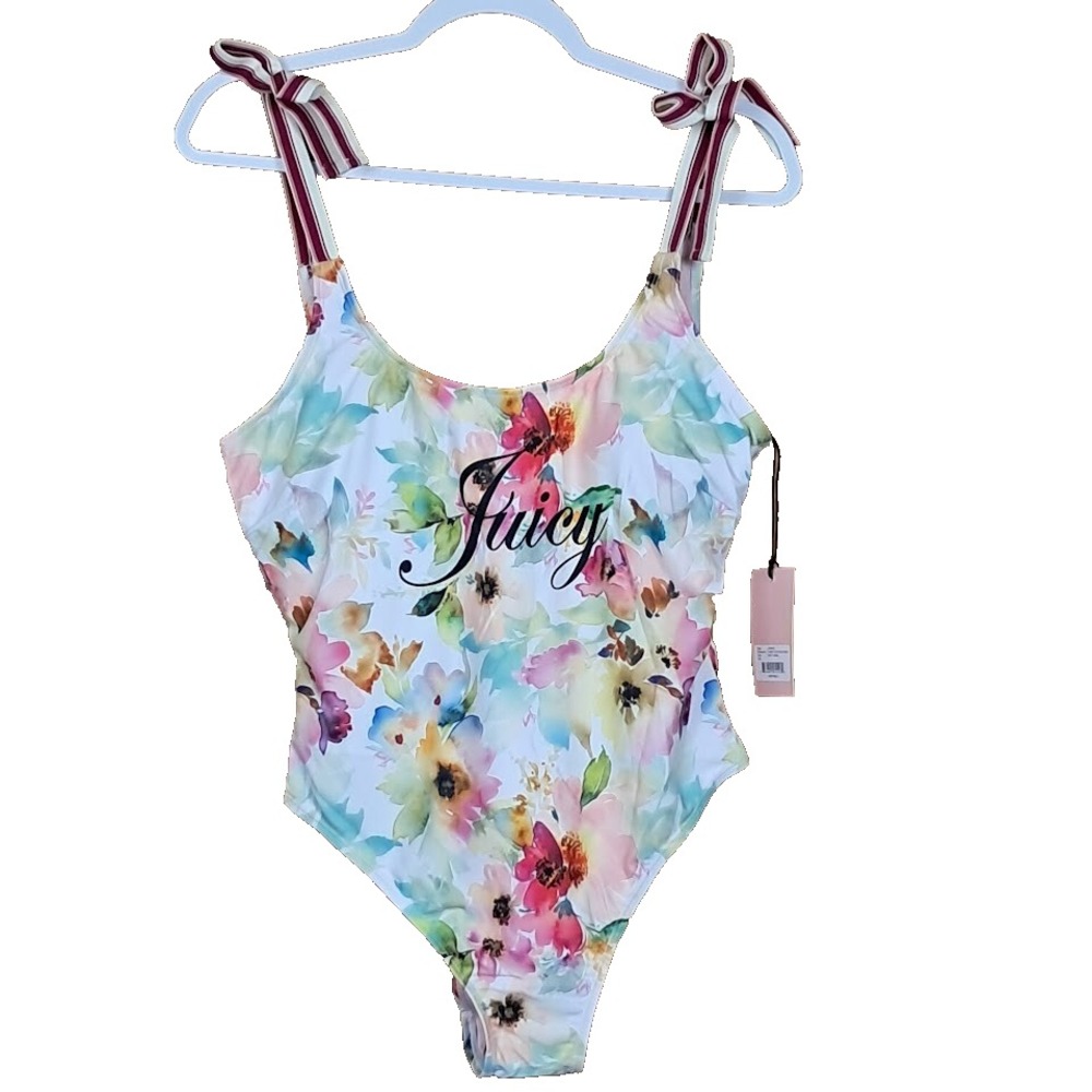 JUICY COUTURE Sz Lg‎ One Piece Swimsuit Sexy Pink Pastel Floral Embossed NWT $98